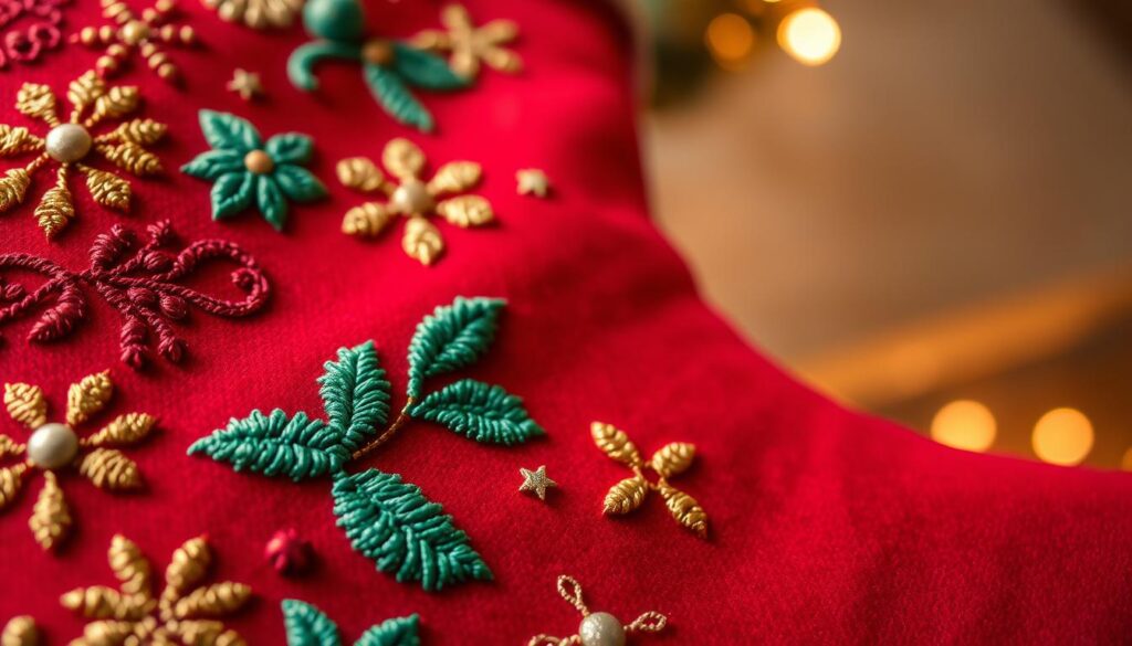 A close-up shot of an intricately embroidered Christmas stocking, showcasing a variety of festive embellishment techniques. In the foreground, delicate stitches in vibrant red, green, and gold threads form elegant patterns, such as swirling snowflakes, holly leaves, and shimmering stars. The middle ground reveals plush, velvet-like fabric in a deep crimson hue, providing a luxurious backdrop for the detailed needlework. Soft, warm lighting from an off-camera source casts a cozy, inviting glow, highlighting the intricate textures and capturing the spirit of the holiday season. The overall composition emphasizes the meticulous craftsmanship and attention to detail that goes into creating a truly unique and cherished Christmas stocking.