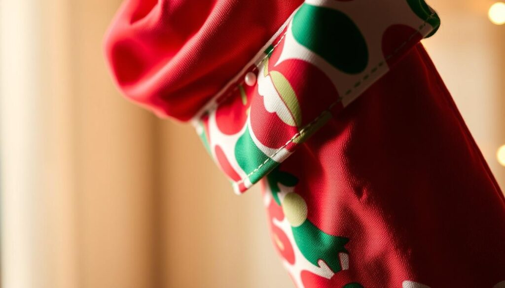 A close-up view of a Christmas stocking cuff, meticulously crafted with red and green holiday-themed fabric. The cuff is displayed against a soft, out-of-focus background, illuminated by warm, natural lighting that casts gentle shadows and highlights the intricate stitching details. The cuff is positioned at a slight angle, drawing the viewer's attention to the hanging loop, which is elegantly integrated into the design. The overall composition emphasizes the texture, color, and craftsmanship of the stocking cuff, inviting the viewer to imagine the process of creating this festive, handmade accessory.