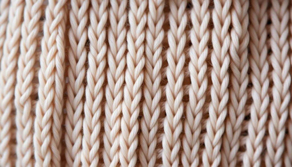 A close-up view of delicate knitted fabric, showcasing the distinctive vertical and horizontal stitches of the classic Stocking Stitch technique. The image captures the subtle texture and intricate pattern formed by the intertwined loops, with a soft, muted color palette that evokes the warmth and coziness of handcrafted knitwear. The lighting is diffused and gentle, highlighting the subtle sheen of the yarn and the precise, uniform stitches. The composition is centered and tightly framed, emphasizing the intricate details and the skill required to execute this fundamental knitting method.