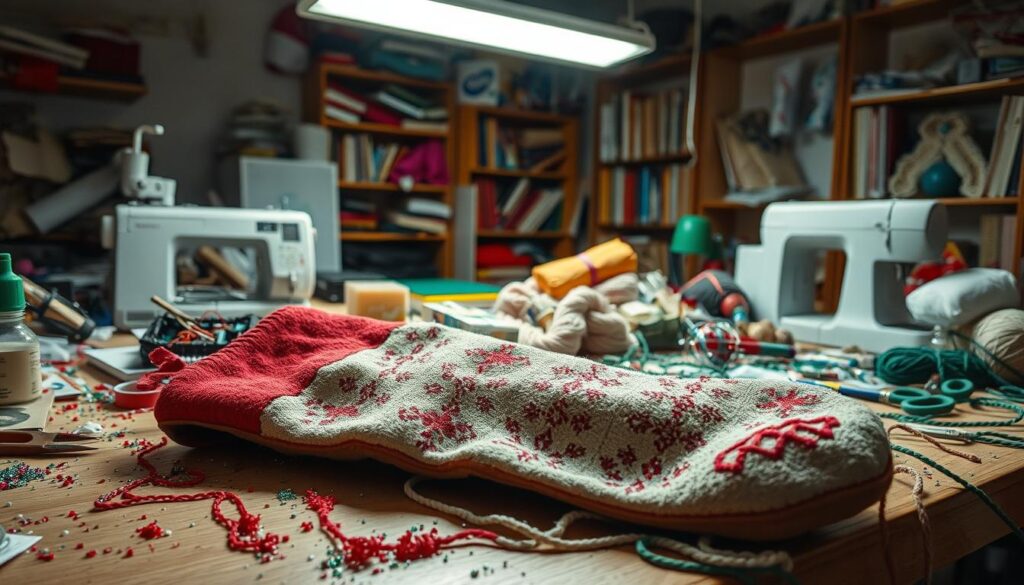 A cluttered workbench littered with sewing tools, spilled glitter, and a tangled mass of yarn. In the foreground, a half-finished Christmas stocking with uneven stitches and misaligned patterns lies abandoned. Overhead, harsh fluorescent lighting casts harsh shadows, highlighting the chaos. In the background, a bookshelf overflows with craft supplies, hinting at the creator's ambitious plans gone awry. The scene conveys a sense of frustration and the all-too-familiar experience of holiday DIY projects gone wrong.
