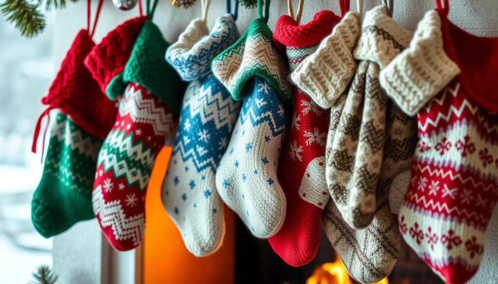 A cozy assortment of festively colored Christmas stockings, their knitted textures and intricate patterns artfully displayed. The stockings hang against a warm, softly-lit backdrop, hinting at a fireplace or winter landscape. The colors range from traditional reds and greens to more contemporary palettes of blues, whites, and metallic accents. Subtle shadows and highlights accentuate the depth and dimension of the stockings, inviting the viewer to imagine the perfect combination for their own holiday decor. The overall scene evokes a sense of holiday cheer and the comforting traditions of the season.