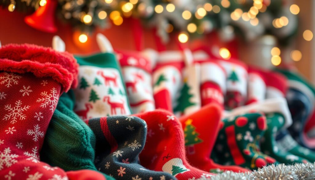 A cozy, festive arrangement of various Christmas stocking fabric samples, showcasing a diverse palette of vibrant colors and delightful patterns. In the foreground, an assortment of plush, textured fabrics - velvet, flannel, and wool - in traditional holiday hues of red, green, and white. In the middle ground, a mix of playful prints featuring snowflakes, reindeer, and Christmas trees. The background is softly blurred, creating a warm, inviting atmosphere, lit by the gentle glow of twinkling fairy lights. The image is captured with a shallow depth of field, emphasizing the tactile, tangible nature of the fabrics and evoking the feeling of being surrounded by the spirit of the season.