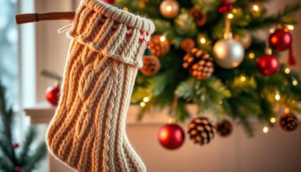 A cozy, festive vignette showcasing a handcrafted Christmas stocking. In the foreground, a soft, plush stocking with a cable-knit pattern and delicate embroidered accents hangs from a rustic wooden dowel, casting warm shadows. In the middle ground, a collection of holiday greenery, pinecones, and ornaments creates a natural, rustic backdrop. The background is softly blurred, conveying a sense of winter tranquility, lit by the gentle glow of fairy lights strung across the scene. The overall mood is inviting and homemade, emphasizing the charming, no-sew appeal of this easy DIY Christmas project.