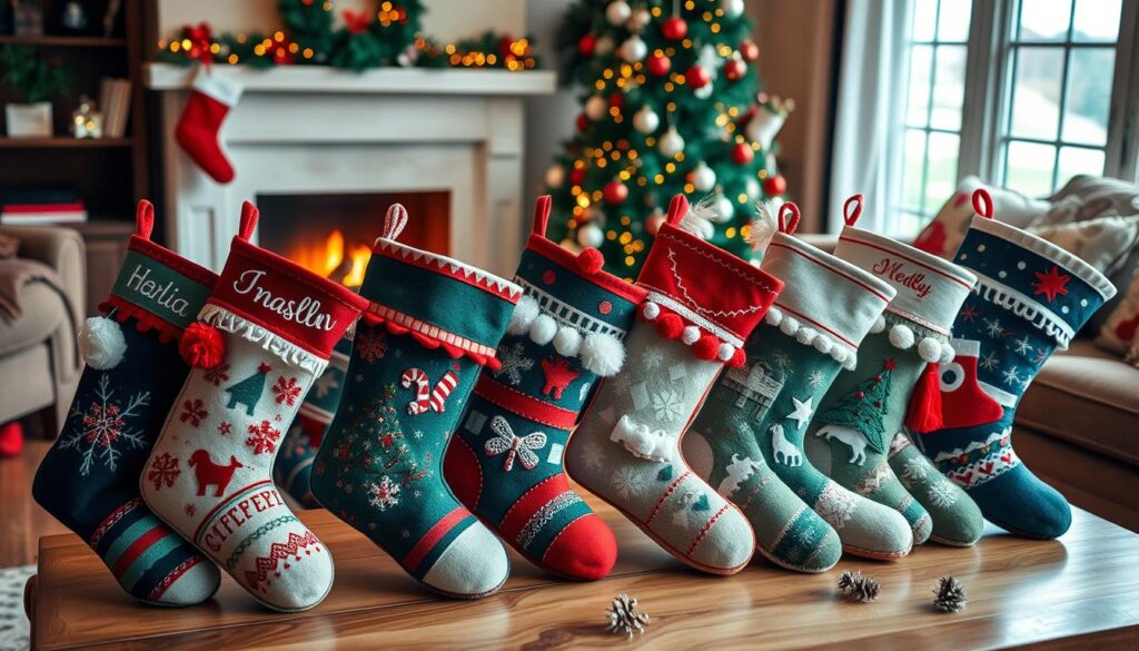 A cozy living room scene with a warm fireplace and a Christmas tree in the background. In the foreground, a wooden table displays an assortment of personalized Christmas stockings, each with unique hand-crafted designs, patterns, and embellishments. The stockings are made from high-quality felt, embroidered with holiday motifs, and adorned with pom-poms, ribbons, and other decorative elements. Soft, natural lighting illuminates the scene, creating a inviting and festive atmosphere. The camera angle is slightly elevated, capturing the details of the stockings while providing a broader view of the setting.
