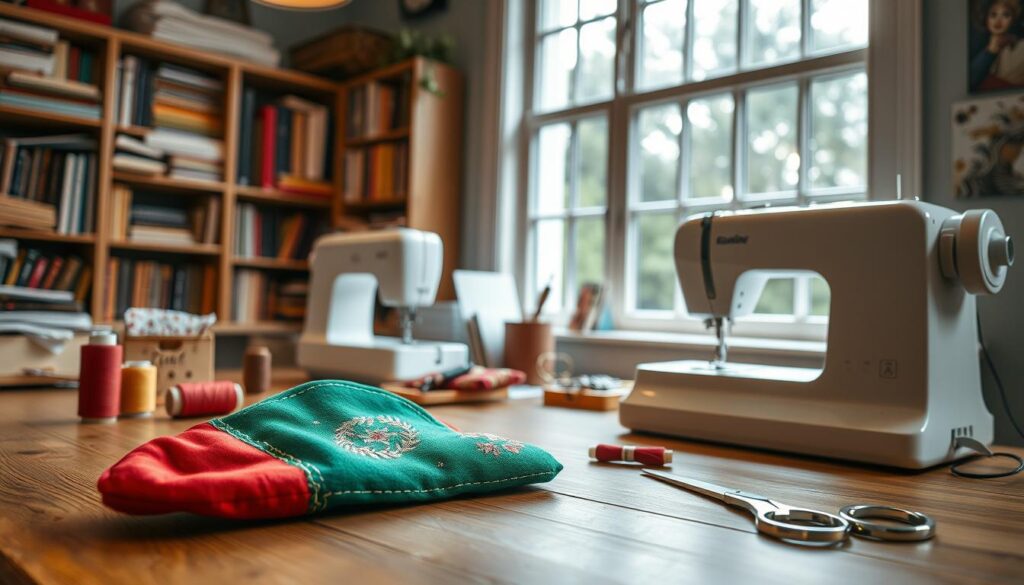 A cozy sewing room with a large window, warm lighting, and a wooden table. On the table, a half-sewn Christmas stocking in red and green fabric, with spools of thread, a pair of sharp sewing scissors, and a pincushion nearby. The stocking features intricate stitching techniques, including precise straight seams, delicate topstitching, and intricate embroidered patterns. In the background, a bookshelf filled with sewing and crafting materials, adding to the atmosphere of a skilled, dedicated crafter's workspace.