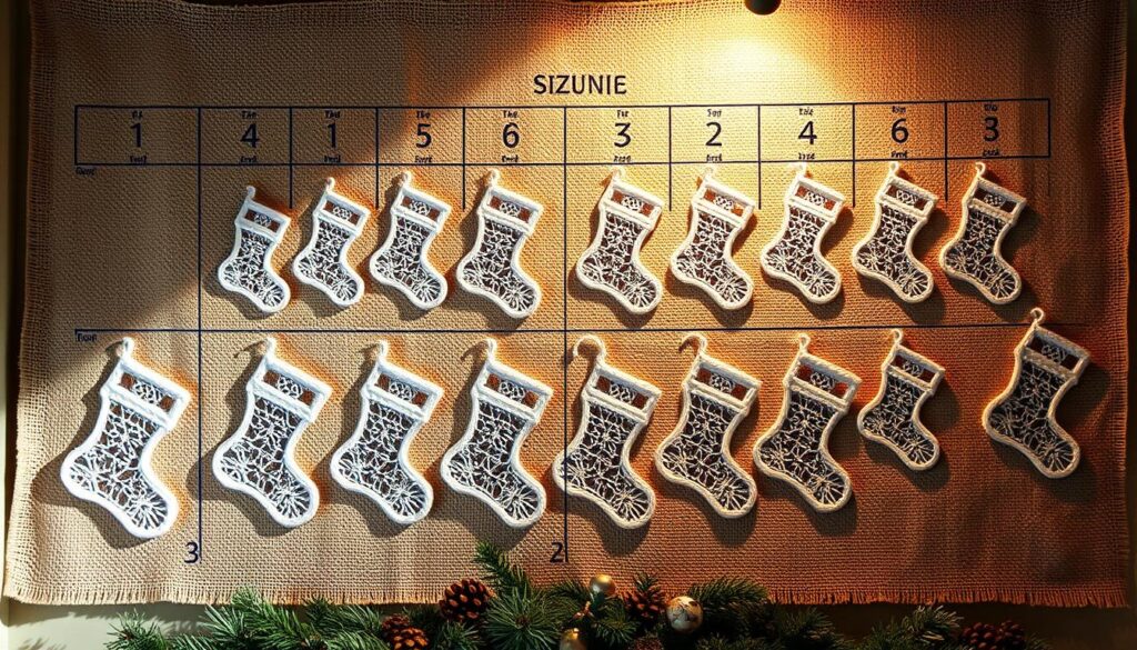 A cozy, well-lit scene of a neatly organized display showcasing a comprehensive crochet sizing guide for Christmas stockings. The guide features a variety of stocking outlines in different sizes, from small to extra-large, each outlined in delicate yarn strands against a soft, textured background reminiscent of rustic burlap. The stockings are arranged in a grid-like layout, with each size labeled clearly. Subtle shadows and a warm, natural lighting create depth and dimension, highlighting the intricate texture of the crocheted patterns. The overall composition conveys a sense of craftsmanship, attention to detail, and a welcoming, holiday-inspired atmosphere.