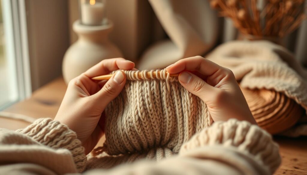 A cozy, well-lit studio setting with a knitter's hands carefully manipulating wooden knitting needles, creating a swatch of stockinette stitch. The knitting is the focal point, showcased against a softly blurred background of neutral colors and natural textures, such as a wooden table or a soft, neutral-toned fabric. The lighting is warm and directional, highlighting the intricate stitches and the tactile nature of the knitting process. The overall mood is one of focus, tranquility, and the joy of craftsmanship.