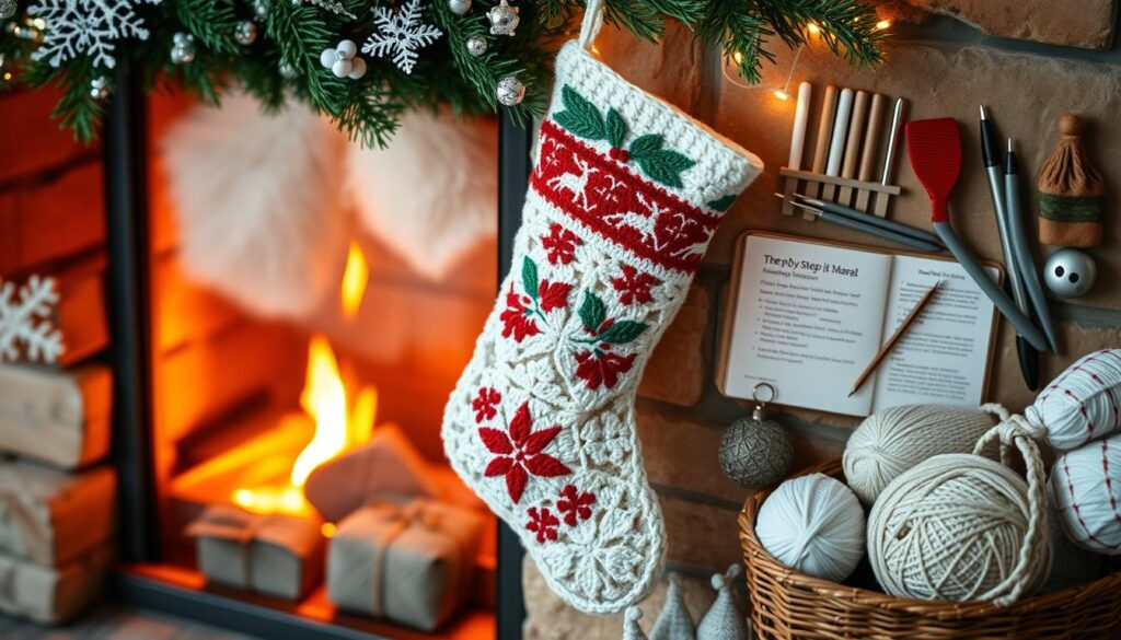 A cozy winter scene, a crocheted Christmas stocking hanging by the fireplace, bathed in warm, soft lighting. The stocking is intricately patterned with snowflakes, holly, and festive motifs, showcasing the skilled craftsmanship of a seasoned crocheter. In the background, a neatly organized array of crochet hooks, yarn, and a step-by-step tutorial, inviting the viewer to learn the techniques for creating their own handmade holiday heirloom. The composition is balanced, with a focus on the stocking as the central subject, encouraging the viewer to imagine the process of bringing this charming project to life.