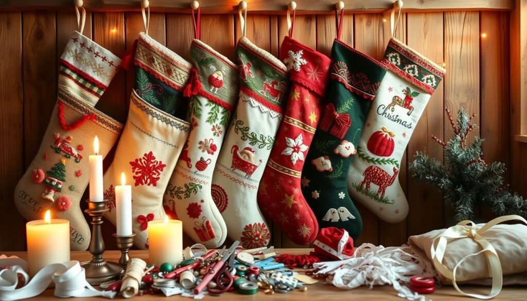 A cozy winter scene with a collection of hand-crafted Christmas stockings hanging against a rustic wood-paneled wall. The stockings are adorned with intricate stitching, embroidered patterns, and whimsical appliqués in a variety of festive colors and textures. Warm candlelight flickers, casting a soft, golden glow throughout the space. In the foreground, a variety of sewing notions, trims, and embellishments are carefully arranged, suggesting the creative process behind these unique decorative pieces. The overall atmosphere evokes a sense of homespun charm and holiday cheer.