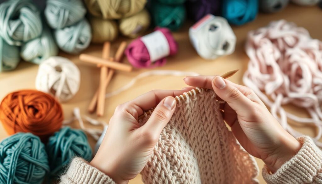A neatly arranged knitting workstation with a variety of yarn skeins, knitting needles, and a partially completed knitted piece. In the foreground, a close-up view of hands troubleshooting a knitting technique, examining the stitches and identifying any potential issues. The lighting is soft and natural, creating a warm, inviting atmosphere. The background is slightly blurred, keeping the focus on the hands and the knitting work. The overall mood is one of concentration and problem-solving, reflecting the "Common Mistakes and Troubleshooting Tips" section of the article.