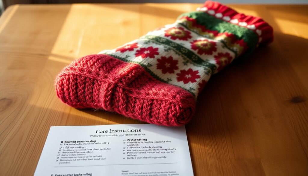 A neatly folded, soft wool Christmas stocking rests on a wooden table, bathed in warm, natural lighting. The stocking's intricate, hand-knitted patterns and festive red and green hues stand out against the simple, rustic backdrop. In the foreground, a set of carefully curated care instructions are displayed, providing guidance on proper washing, storage, and maintenance techniques to preserve the stocking's quality and longevity. The overall scene conveys a sense of craftsmanship, attention to detail, and the cherished tradition of handmade holiday decor.