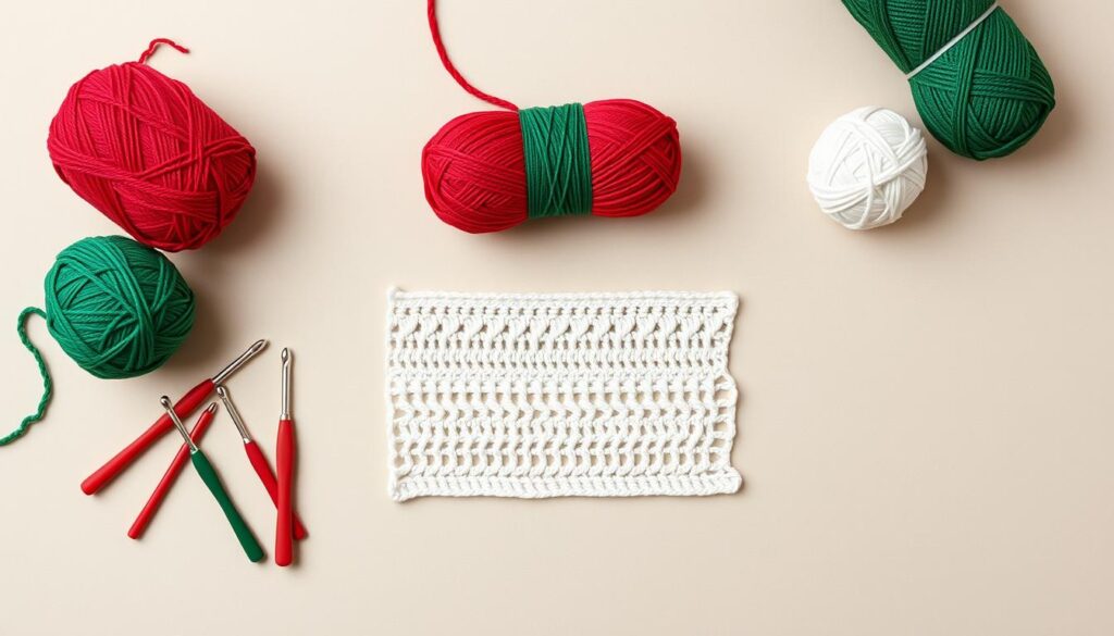 A neatly organized display of the fundamental crochet stitches used in creating Christmas stockings. The image showcases a flat tabletop with a neutral background, evenly lit from above to highlight the delicate textures and intricate patterns of the yarn. In the foreground, a selection of crochet hooks in varying sizes are arranged, accompanied by skeins of red, green, and white yarn. In the middle ground, several swatches demonstrate the basic stitches, such as the single crochet, double crochet, and slip stitch, each executed with precision and attention to detail. The overall composition conveys a sense of simplicity and clarity, inviting the viewer to learn and explore the essential techniques for crafting beautiful Christmas stockings.