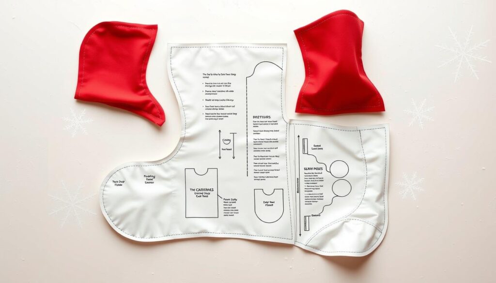 a detailed, realistic, high-resolution digital illustration of a DIY Christmas stocking sewing pattern template. The template is laid out flat on a neutral-colored surface, showcasing the various pattern pieces, seam allowances, and fold lines. The template is made of thick, durable paper or fabric, with clear markings and instructions. The lighting is soft and diffused, creating subtle shadows that highlight the texture and dimensionality of the template. The composition places the template prominently in the center, with ample negative space around it to emphasize the design. The overall mood is informative and visually appealing, suitable for use in a DIY sewing tutorial.