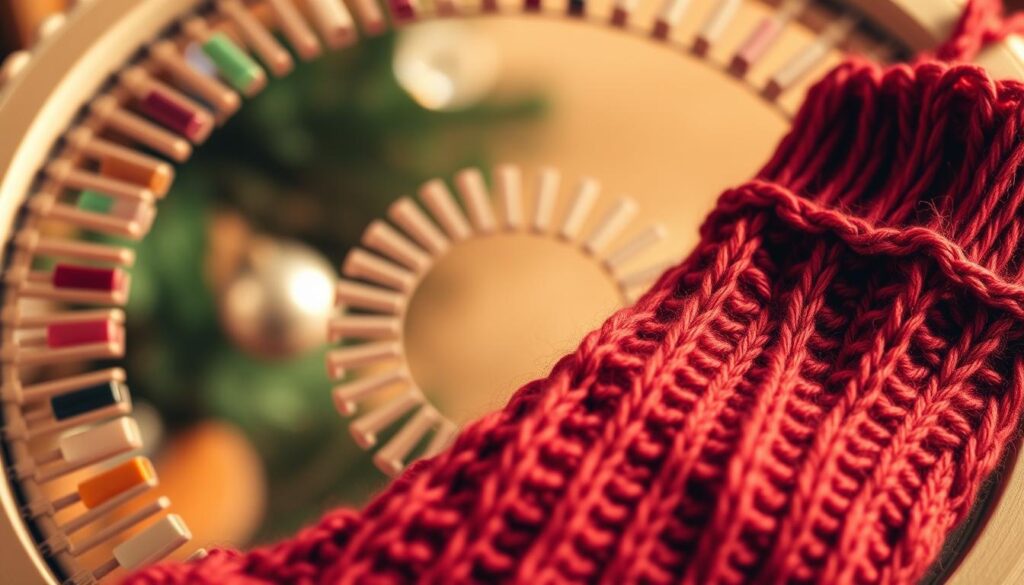 A close-up, detailed view of a Christmas stocking knitted on a round loom. The foreground showcases the intricate, textured stitches - a mix of ribbing, stockinette, and cable patterns in a rich, festive red yarn. The middle ground highlights the circular shape of the loom, with its evenly spaced pegs guiding the yarn. The background is softly blurred, evoking a cozy, homespun atmosphere. Warm, diffused lighting casts gentle shadows, emphasizing the depth and dimension of the knitted fabric. Captured at a slight angle to showcase the three-dimensional nature of the loom-knitted stitches.