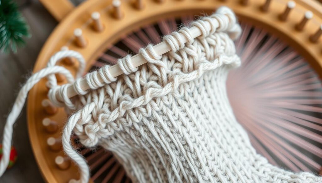 A close-up view of a round loom with a partially completed Christmas stocking, showcasing the intricate heel shaping process. The loom is made of warm-toned wood, its circular design guiding the pattern of the stitches. Soft, diffused lighting from above casts gentle shadows, highlighting the texture of the yarn as it is expertly looped and pulled through the loom's pegs. The stocking's heel section is the focal point, revealing the gradual tapering and shaping that creates the distinctive rounded heel form. The background is blurred, placing the emphasis on the delicate, manual craftsmanship of the knitting technique.