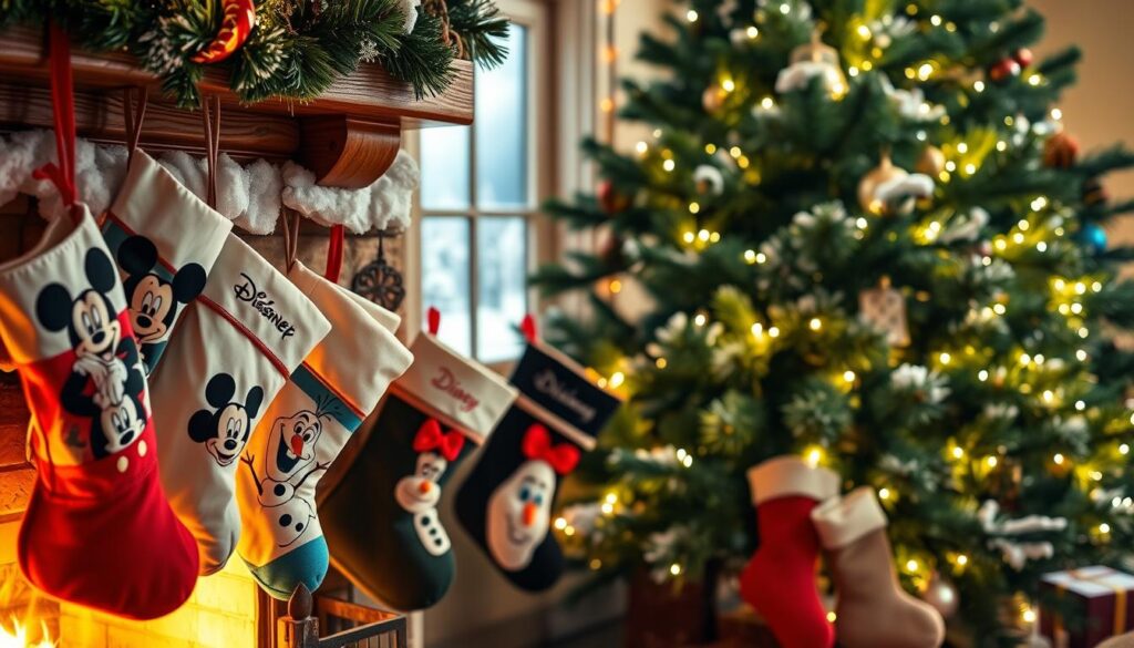 A cozy Christmas scene showcasing a variety of personalized Disney-themed stockings. In the foreground, an assortment of stockings in classic Disney character designs - Mickey Mouse, Cinderella, Olaf, and more - hang from a rustic wooden mantel, illuminated by the warm glow of a crackling fireplace. The middle ground features a snow-covered windowsill, with delicate icicles and a frosted landscape visible outside. In the background, a lush, evergreen tree is adorned with twinkling lights, creating a festive and enchanting atmosphere. The lighting is soft and diffused, casting a magical, holiday ambiance throughout the scene.