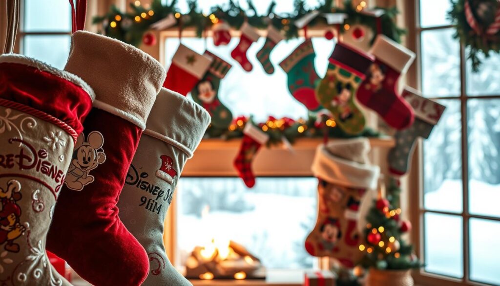A cozy Christmas scene showcasing an assortment of personalized Disney-themed stockings in various premium materials. The foreground features a close-up of several stockings, their surfaces textured with velvety, plush, or shimmering fabrics adorned with iconic Disney characters, elegant embroidery, and festive patterns. The middle ground presents a selection of stockings in different sizes, hanging above a warm, crackling fireplace surrounded by holiday decorations. The background depicts a snowy, winter wonderland through a large window, bathed in soft, natural lighting that creates a inviting, nostalgic atmosphere. The overall composition conveys the spirit of customizing Disney-inspired Christmas stockings to perfectly suit one's personal style and preferences.