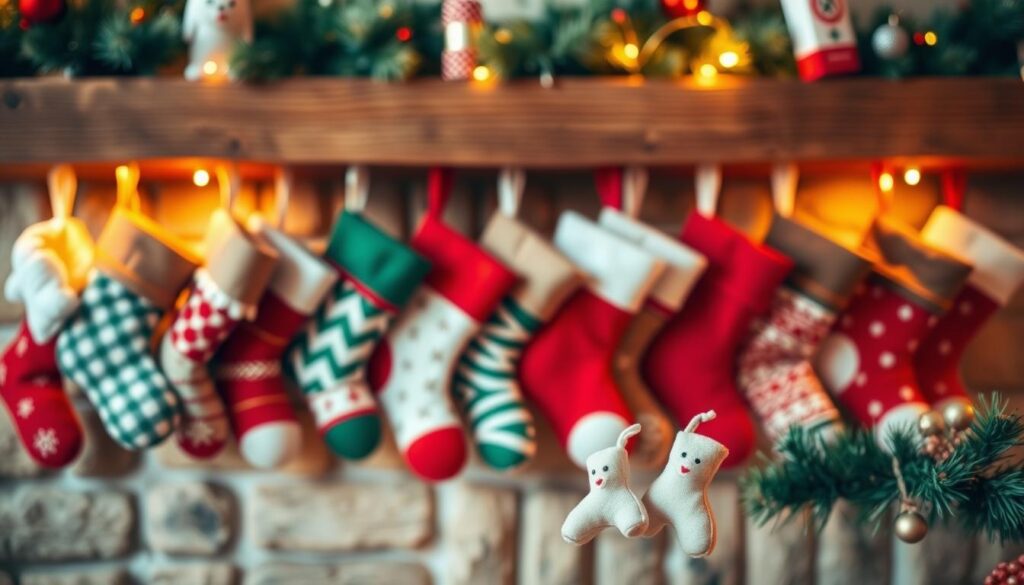 A cozy arrangement of small, budget-friendly Christmas stockings in a variety of festive colors and patterns. The stockings are neatly hung on a rustic wooden mantel, bathed in warm, soft lighting that creates a inviting, holiday atmosphere. The middle ground features a mix of traditional red and green stockings, as well as playful patterned ones in neutral tones. In the foreground, a few simple yet charming mini stockings add a delightful accent. The background is blurred, allowing the stockings to be the focal point. The overall scene conveys a sense of holiday cheer and coziness, perfect for decorating on a budget.