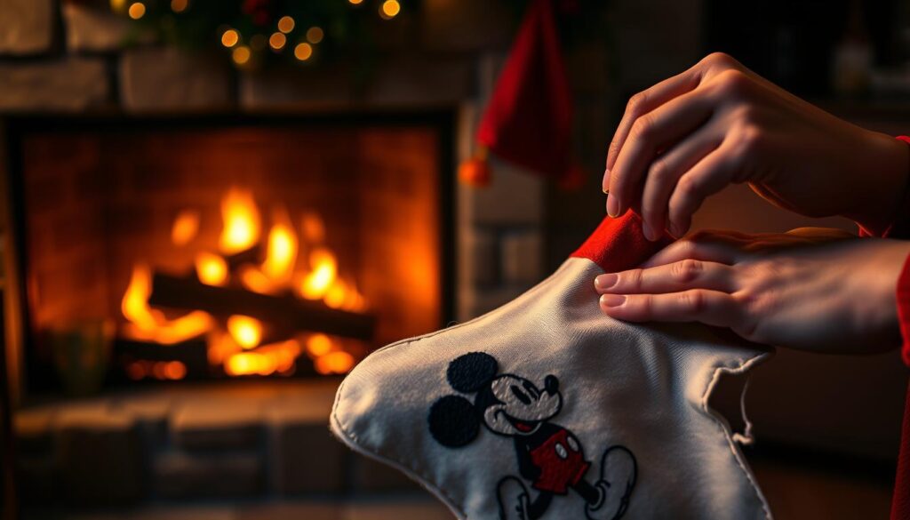 A cozy, dimly lit living room with a roaring fireplace in the background. In the foreground, a Disney-themed Christmas stocking is being carefully customized with intricate embroidery. The stocking features a classic Mickey Mouse design, with delicate stitches outlining the iconic ears and silhouette. The embroiderer's hands are visible, their nimble fingers expertly guiding the needle and thread, creating a personalized, heirloom-quality piece. Soft, warm lighting from the fireplace casts a gentle glow, lending an air of holiday nostalgia and charm to the scene. The overall atmosphere is one of festive, heartfelt craftsmanship, perfectly capturing the essence of "Custom Embroidery and Personalization Techniques" for a Disney-inspired Christmas stocking.