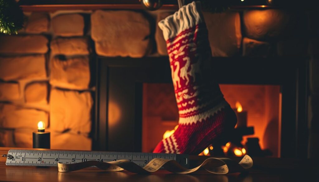 A cozy, dimly lit room with a festive, knit Christmas stocking hanging on the mantel. The stocking is the focal point, with a soft, warm glow illuminating its texture and intricate holiday patterns. In the foreground, a ruler and measuring tape are neatly arranged, providing clear visual cues for the "Christmas Stocking Measurement Tips" concept. The background features a crackling fireplace, casting a gentle, amber hue throughout the scene. The overall atmosphere is one of holiday charm and practical guidance, inviting the viewer to engage with the stocking and its measurement details.