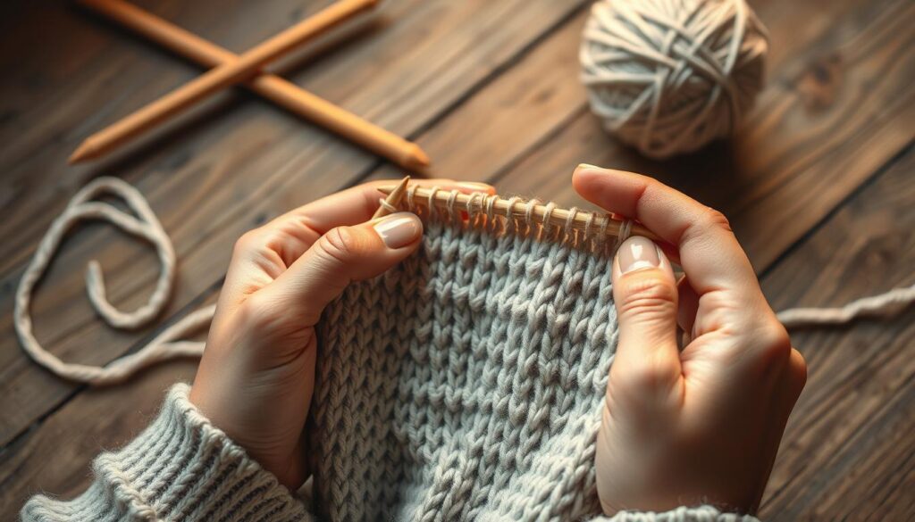 A cozy scene of a knitter's hands closely examining a swatch of stocking stitch fabric. Soft, warm lighting illuminates the intricate texture, highlighting any potential mistakes or inconsistencies. In the background, a pair of wooden knitting needles and a ball of yarn rest on a rustic wooden surface, creating a sense of a focused, thoughtful workspace. The overall mood is one of careful study and problem-solving, with the knitter's brow furrowed in concentration as they meticulously troubleshoot the stitches.