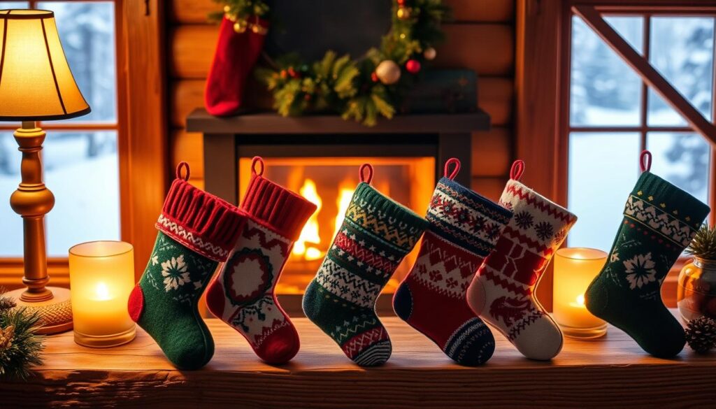 A cozy scene of miniature holiday stockings showcasing trendy color schemes and patterns. In the foreground, an assortment of knitted, velvet, and felt stockings in jewel-toned hues of emerald, ruby, and sapphire, adorned with geometric designs, plaid, and Nordic motifs. In the middle ground, the stockings are displayed on a rustic wooden mantel, bathed in warm, ambient lighting from a crackling fireplace. The background features a snow-covered landscape outside a cabin window, creating a serene, winter wonderland atmosphere. The overall mood is festive, cozy, and inviting, perfectly capturing the essence of the "Color Schemes and Pattern Trends" section.