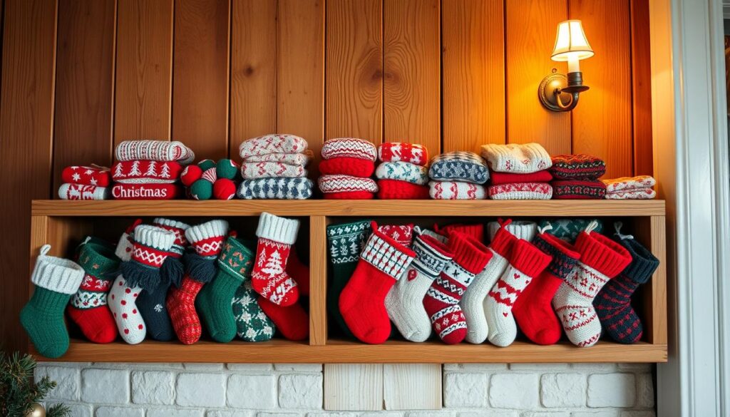 A cozy scene of small knitted Christmas stockings neatly arranged on wooden shelves. The stockings are in various festive colors and patterns, carefully folded and stacked to create an organized and visually appealing display. Soft, warm lighting from sconces on the wall casts a gentle glow, highlighting the intricate textures of the handmade stockings. The shelves are set against a backdrop of rustic wooden panels, adding to the charming, homely atmosphere. The overall composition conveys a sense of holiday cheer and efficient storage solutions for these beloved seasonal decorations.