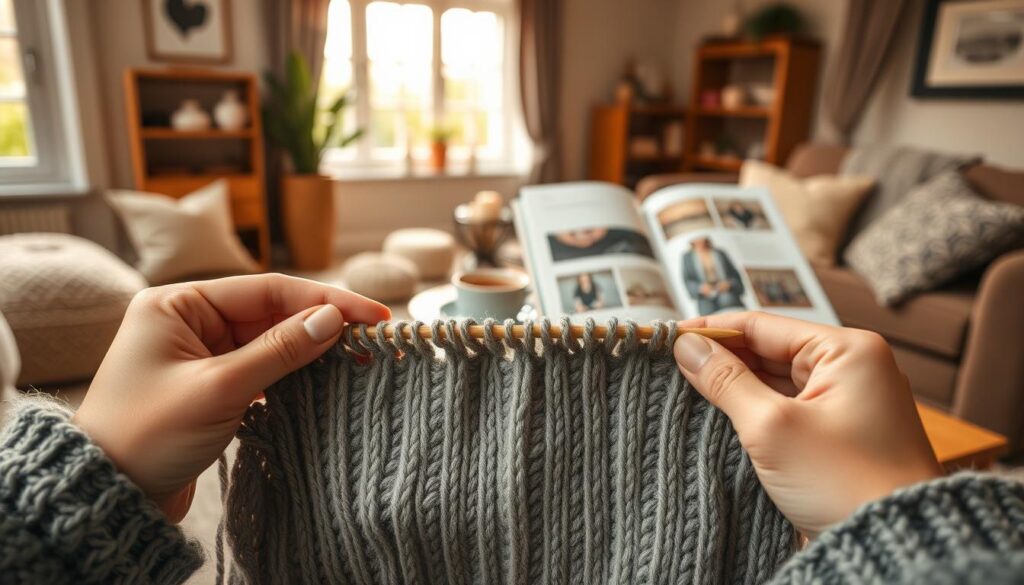 A cozy, well-lit knitting tutorial scene. In the foreground, a pair of hands skillfully manipulating knitting needles, working a stocking stitch pattern on a soft, gray yarn. The needles move rhythmically, creating a mesmerizing visual of the stitches forming. In the middle ground, a wooden table with a cup of tea, a skein of yarn, and a knitting pattern book open, providing guidance. The background is a warm, inviting living room, with natural lighting filtering in through large windows, casting a gentle glow on the scene. The mood is serene, educational, and inviting, perfectly capturing the essence of a step-by-step stocking stitch knitting tutorial.