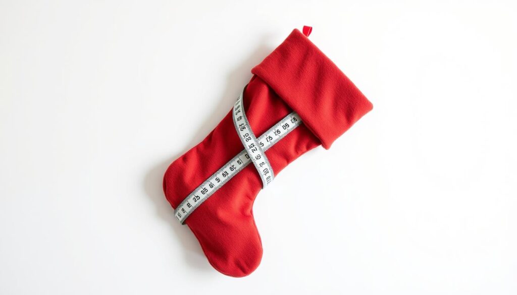 A crisp, well-lit Christmas stocking with a measuring tape draped across it, positioned against a plain white background. The stocking is prominently displayed, capturing its texture, material, and intricate details. The measuring tape is strategically placed to showcase the dimensions, guiding the viewer on how to accurately measure their own stockings. Subtle shadows and highlights add depth and a sense of three-dimensionality to the scene, creating a clean, professional, and informative visual aid for the article's "Creating a Size Guide for Christmas Stocking" section.