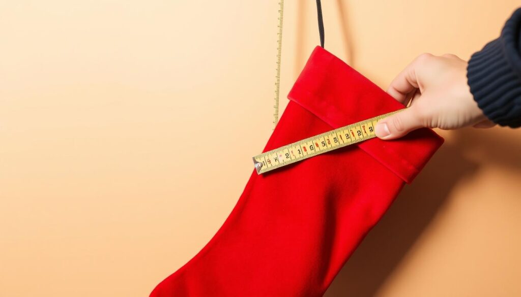 A crisp, well-lit image showcasing the proper technique for measuring a classic Christmas stocking. In the foreground, a tape measure is carefully laid along the stocking's contours, revealing its dimensions. The stocking, made of soft red velvet, hangs elegantly against a neutral background, allowing the focus to remain on the measurement process. Warm, directional lighting casts subtle shadows, emphasizing the stocking's texture and shape. The camera angle is slightly elevated, providing a clear, unobstructed view of the stocking and the measurement activity. An atmosphere of precision and holiday cheer pervades the scene, guiding the viewer on how to accurately prepare for the seasonal festivities.
