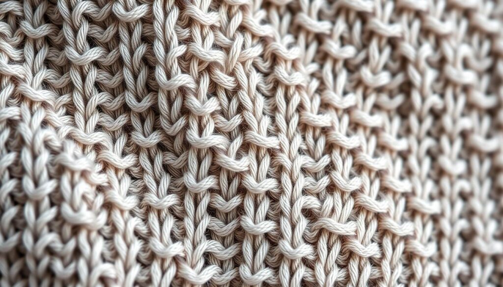 A detailed close-up of an intricate knitted fabric, showcasing advanced stocking stitch techniques. The image focuses on the textural interplay of tightly woven rows, with a visually striking pattern that creates a mesmerizing visual rhythm. The lighting is soft and diffused, highlighting the subtle variations in stitch height and tension, as well as the lustrous sheen of the premium yarn. The composition emphasizes the craft and skill involved in this advanced knitting technique, inviting the viewer to appreciate the nuances and complexity of the stitchwork. The overall mood is one of refined elegance and the appreciation of fine handmade craftsmanship.