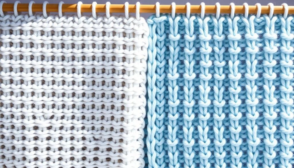 A detailed, high-resolution image of two swatches of knitted fabric, one showcasing the stocking stitch pattern and the other the garter stitch pattern, positioned side by side and illuminated by natural light, creating a visually striking comparison. The stocking stitch swatch exhibits a smooth, even texture with a distinct horizontal ribbing effect, while the garter stitch swatch displays a more pronounced, undulating surface. The image should capture the distinct visual characteristics of these two fundamental knitting patterns, allowing viewers to clearly distinguish their unique aesthetics.
