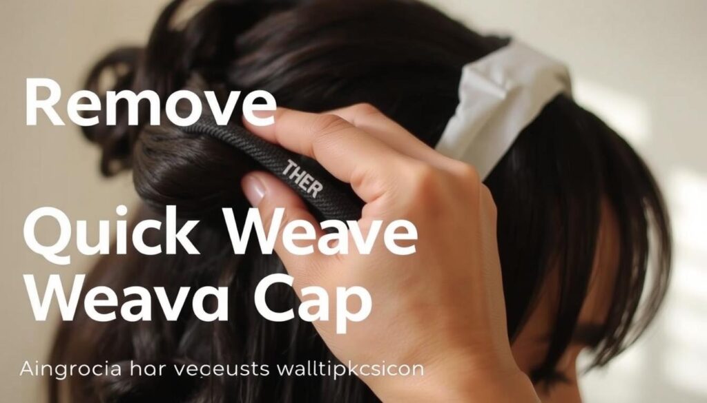 A detailed step-by-step process of removing a quick weave hairstyle using a stocking cap. A close-up view shows a hand gently pulling off the stocking cap, revealing the hair extensions underneath. The lighting is soft and diffused, creating a warm, natural atmosphere. The focus is sharp on the process, with a slightly blurred background to emphasize the subject. The overall tone is educational and informative, guiding the viewer through the safe and effective removal of a quick weave.