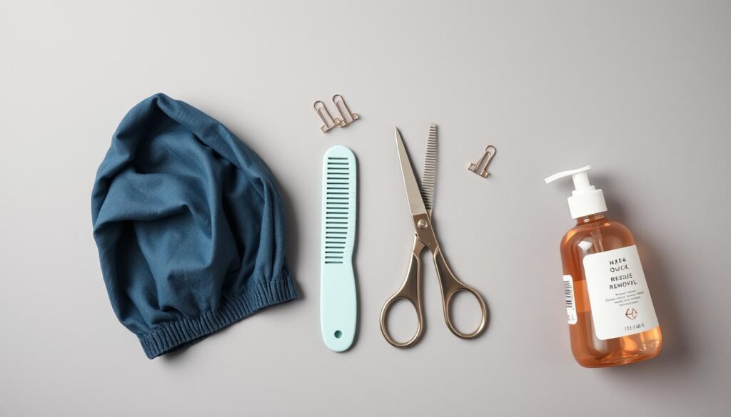 A flat lay arrangement of essential tools for safe quick weave removal, including a stocking cap, hair clips, a wide-tooth comb, pointed haircutting scissors, and a residue removal solution bottle, all illuminated by soft, directional studio lighting against a muted gray backdrop, creating a clean, professional visual aesthetic.