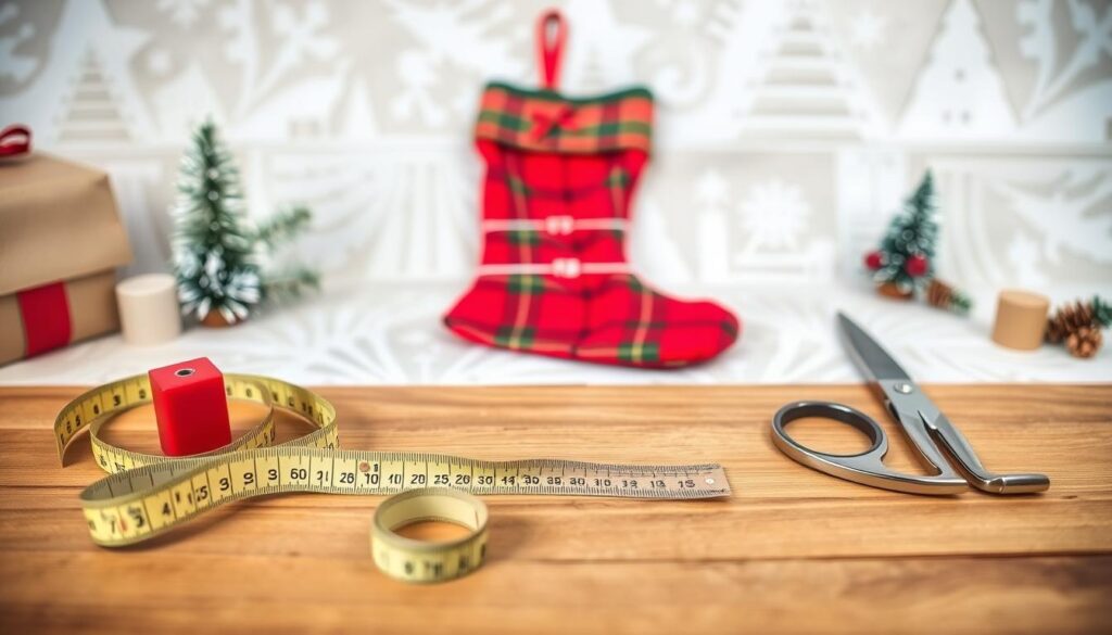 A flat-lay photography setup showcasing the best way to measure a Christmas stocking. In the foreground, a tape measure, a ruler, and a pair of sewing scissors are neatly arranged on a wooden surface. In the middle ground, a festive red and green stocking is laid out, its dimensions being carefully marked. The background features a cozy, winter-themed backdrop, with subtle patterns and textures that create a warm, inviting atmosphere. Soft, natural lighting from the side gently illuminates the scene, casting subtle shadows and highlights to emphasize the details. The overall composition is clean, organized, and visually appealing, perfectly capturing the essence of the "Best Way to Measure Stocking for Your Needs" section.