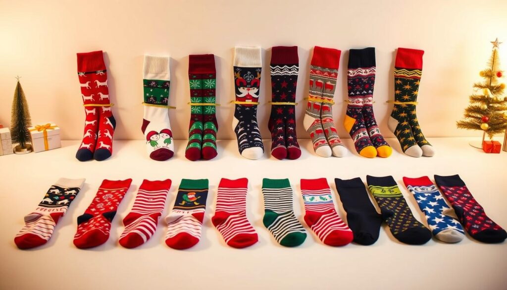 A neatly arranged display of compact Christmas socks showcased against a festive backdrop. The socks are presented in a clean, minimalist layout, with different sizes and styles carefully measured and highlighted. Soft, warm lighting illuminates the display, creating a cozy, inviting atmosphere. The background features a subtle winter wonderland scene, with a hint of snowfall and a stylized Christmas tree in the distance. The overall composition conveys a sense of holiday cheer and attention to detail, perfectly suited to illustrate the "Perfect Sizing Guide for Compact Christmas Socks" section.