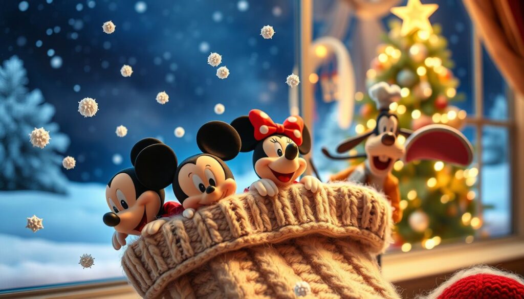 A whimsical holiday scene featuring beloved Disney characters adorning a plush, knit stocking. In the foreground, Mickey Mouse, Minnie Mouse, and Goofy frolic amidst swirling snowflakes, their features rendered with a soft, painterly quality. In the middle ground, Cinderella's elegant glass slipper and Dumbo's playful trunk peek out from behind the stocking's cuff, creating a sense of depth. The background showcases a cozy, winter wonderland backdrop, with a starry night sky and a glowing Christmas tree visible through a frosty window. The lighting is warm and inviting, casting a festive glow over the entire composition. Captured with a wide-angle lens, the image conveys a sense of holiday cheer and Disney magic.