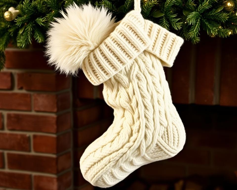 Chunky Knit Christmas Stocking with cable pattern and pom-pom detail