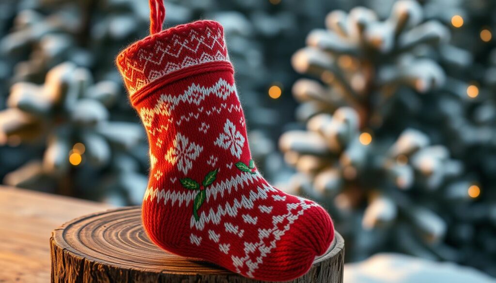 Delicate Christmas stocking knitted on a round loom, resting on a rustic wooden surface. The stocking's intricate pattern features snowflakes, holly leaves, and a cozy cabled texture. Warm, golden lighting casts a festive glow, highlighting the rich, crimson-red yarn. In the background, a blurred, snow-covered pine forest creates a serene, winter wonderland atmosphere. Crisp, high-resolution details showcase the stitch work and tactile quality of the handcrafted piece. Captured at a slight angle to emphasize the stocking's three-dimensional form and voluminous shape.