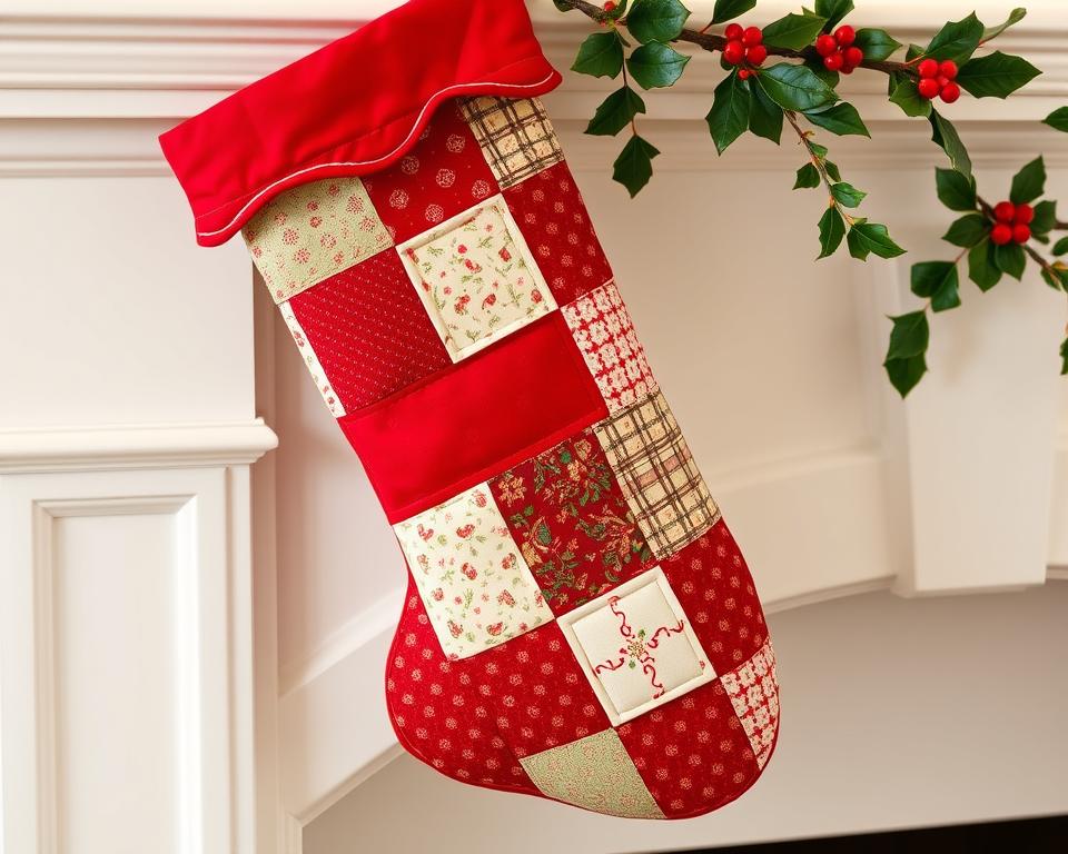 Heirloom Quilted Christmas Stocking with vintage patchwork design