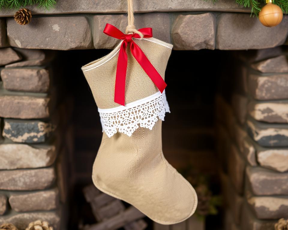 Rustic Burlap Christmas Stocking with lace trim