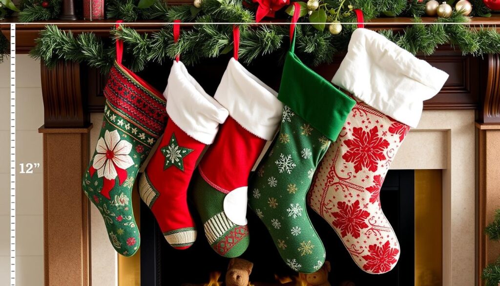 Size comparison of different Christmas stockings hanging on a mantel