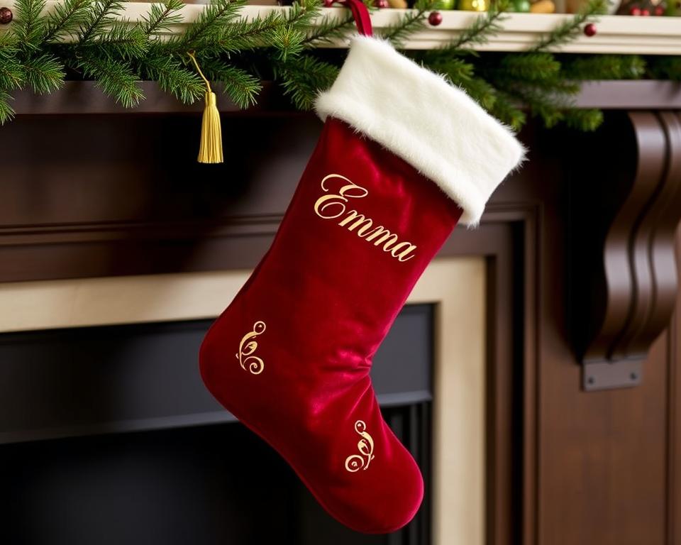 Velvet Personalized Christmas Stocking with embroidered name and gold tassel