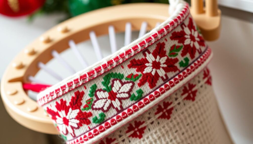 a detailed, high-resolution image of a round knitting loom with a carefully designed Christmas stocking cuff pattern. The loom is made of a light-colored wood and has evenly spaced pegs around its circumference. The cuff pattern features a repeating motif of intricate snowflakes and holly leaves, expertly crafted with vibrant, jewel-toned yarn in hues of red, green, and white. The cuff is shown in a close-up view, allowing the viewer to appreciate the intricate textures and elegant design. The lighting is soft and diffused, highlighting the delicate stitches and creating a warm, festive atmosphere. The background is blurred, placing the focus entirely on the beautiful and meticulously crafted stocking cuff.